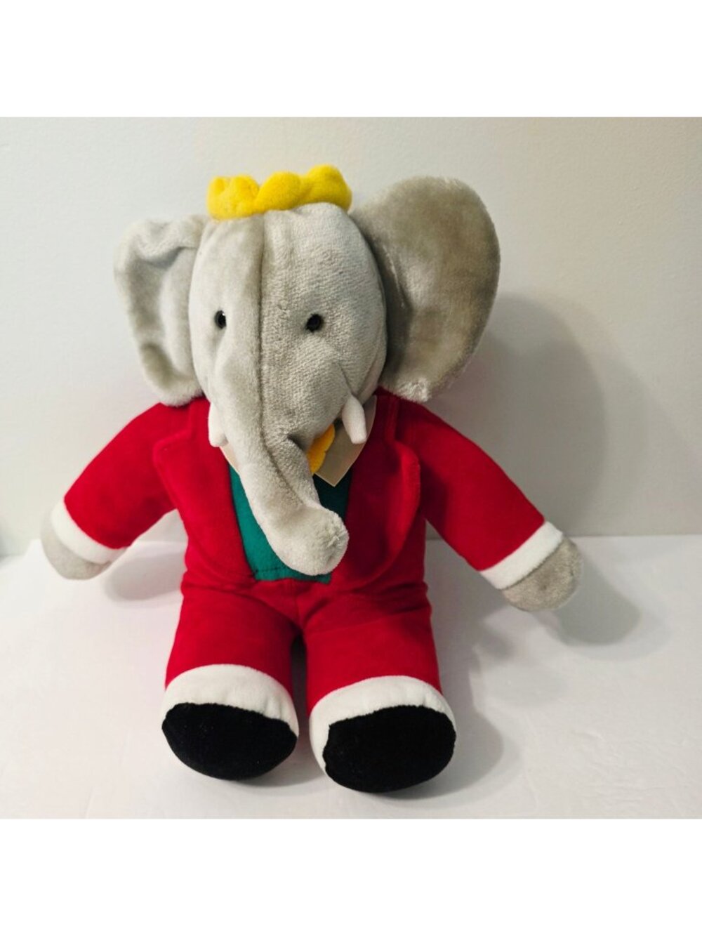 Vtg 1988 Gund Babar Elephant King Plush Stuffed Toy Red Suit Velour Yellow Crown